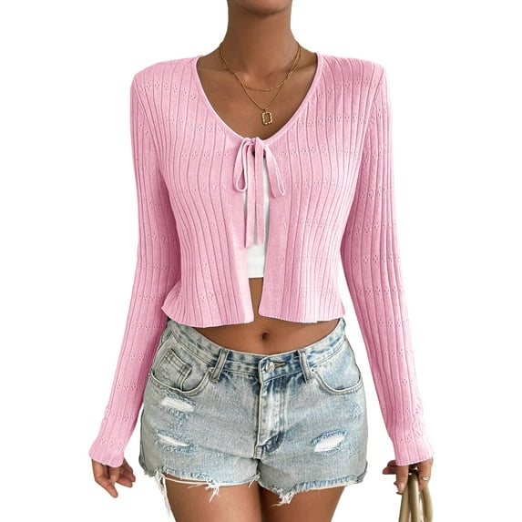 Women's Tie Front Long Sleeve Rib Knit Shrug Sweaters Cardigan Crop Top
