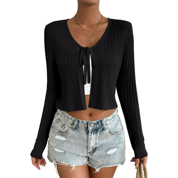 Women's Tie Front Long Sleeve Rib Knit Shrug Sweaters Cardigan Crop Top