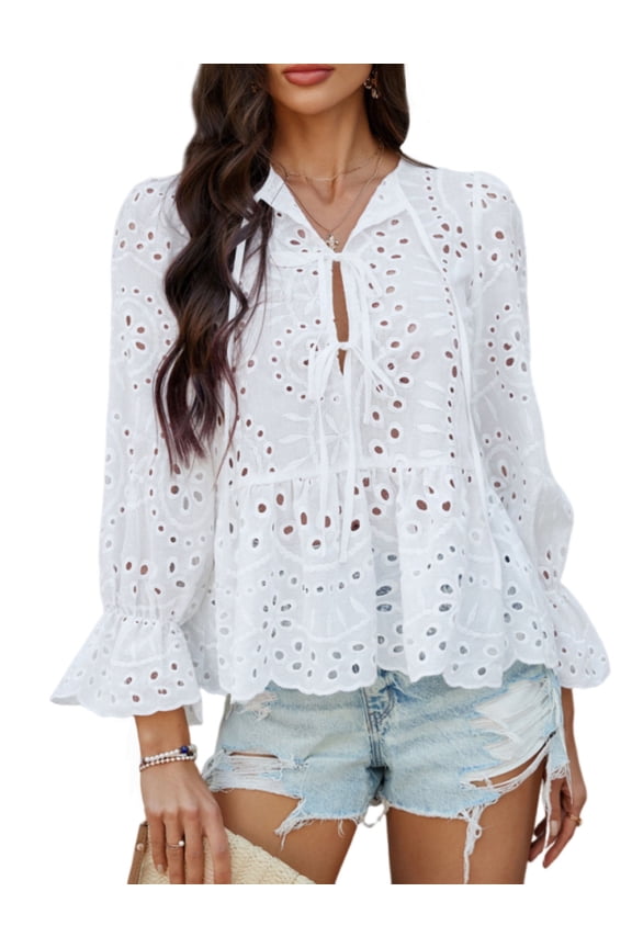 Women's Tie Front Peplum Blouses Puff Long Sleeve Babydoll Bow Shirts Hollow Out Eyelet Lace Tops
