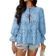 thumbnail image 1 of Women's Tie Front Peplum Blouses Puff Long Sleeve Babydoll Bow Shirts Hollow Out Eyelet Lace Tops, 1 of 7