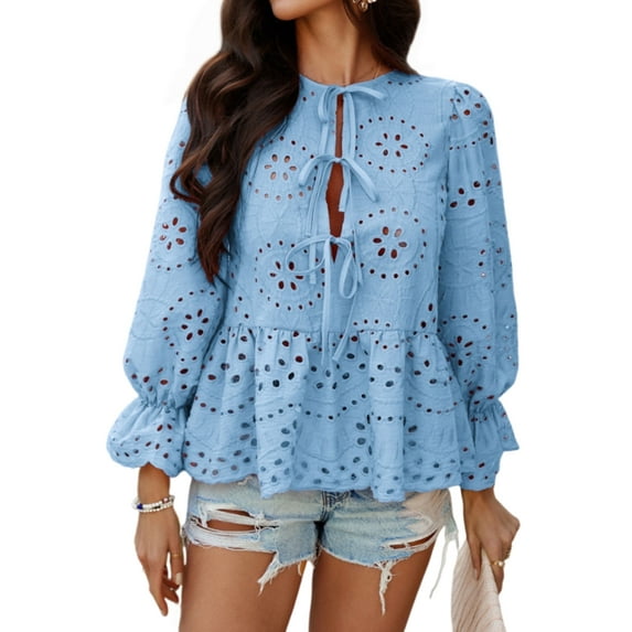 Women's Tie Front Peplum Blouses Puff Long Sleeve Babydoll Bow Shirts Hollow Out Eyelet Lace Tops
