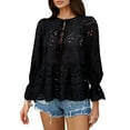 thumbnail image 1 of Women's Tie Front Peplum Blouses Puff Long Sleeve Babydoll Bow Shirts Hollow Out Eyelet Lace Tops, 1 of 7