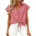 thumbnail image 1 of Women's Tie Front Plaid Shirt Short Sleeve Button Down Top Loose Fit Casual Summer Blouse, 1 of 1