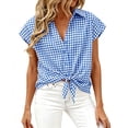 thumbnail image 1 of Women's Tie Front Plaid Shirt Short Sleeve Button Down Top Loose Fit Casual Summer Blouse, 1 of 4
