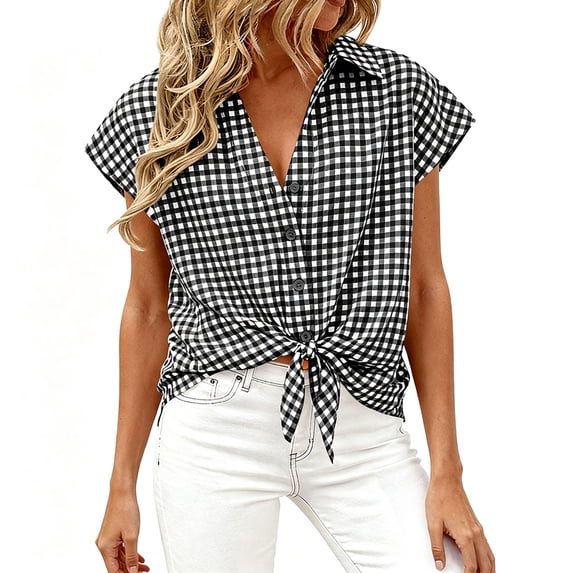 Women's Tie Front Plaid Shirt Short Sleeve Button Down Top Loose Fit Casual Summer Blouse