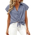 thumbnail image 1 of Women's Tie Front Plaid Shirt Short Sleeve Button Down Top Loose Fit Casual Summer Blouse, 1 of 4