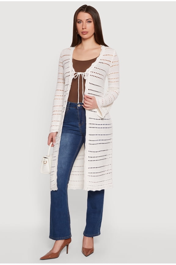 Women's Tie Front Pointelle Long Cardigan