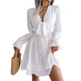 thumbnail image 1 of Women's Tie Front Smocked Waist Flounce Sleeve Mini Dress with Plunge Neckline Solid Color 100% Polyester Casual Chic, 1 of 12