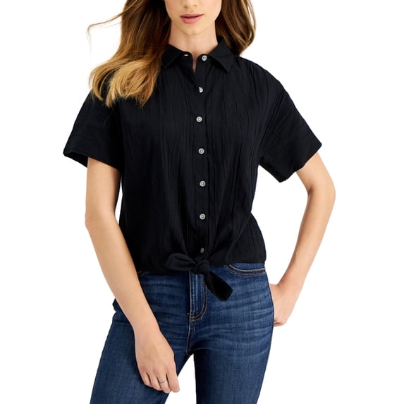 Women's Tie-Front Top Deep Black L