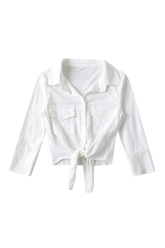 Women's Tie Front Top Knot Short Cardigan Shirts Casual 3/4 Sleeve V-Neck Button Down Blouses with Pockets