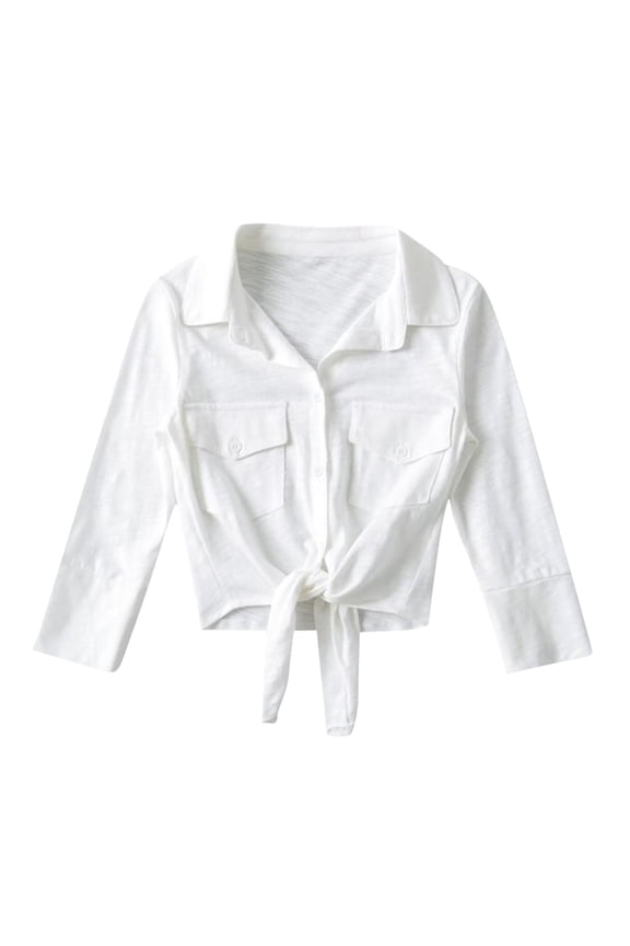 Women's Tie Front Tops Long Sleeve Button Up Cropped Shirts Lapel Collared Blouses with Pockets Solid Color (M, White)