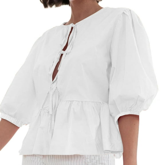 Women's Tie Front Tops Solid Color 3/4 Sleeve Peplum Babydoll T Shirt Puff Sleeve Trendy Basic Tees White,XL