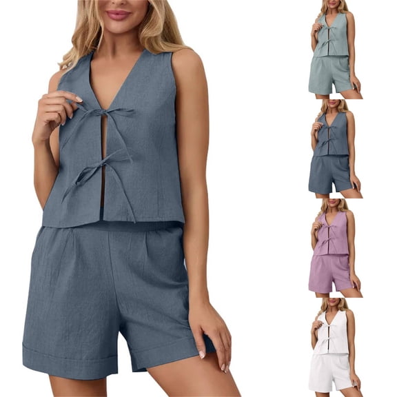 Women's Tie Front Vest and Shorts Set Resort Summer 2 Piece Outfit