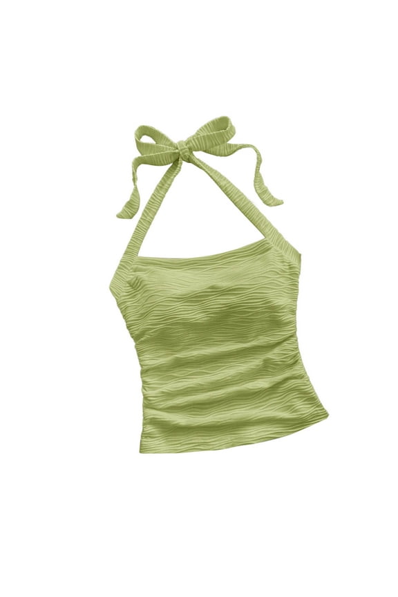Women's Tie Halterneck Shirts Textured Backless Crop Top Ruched Hawaiian Beach Slim Fitted Cami Blouses