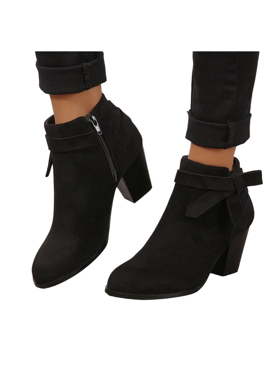 Women's Tie Knot Chelsea Pump Ankle Boots Closed Toe Stacked Heel Side Zipper Booties Shoes for Holiday Festival Trips