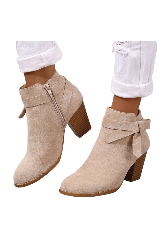 Women's Tie Knot Chelsea Pump Suede Ankle Boots Slip On Closed Toe Stacked High Heel Dress Booties