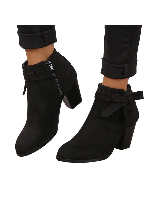 Women's Tie Knot Chelsea Pump Suede Ankle Boots Slip On Closed Toe Stacked High Heel Dress Booties