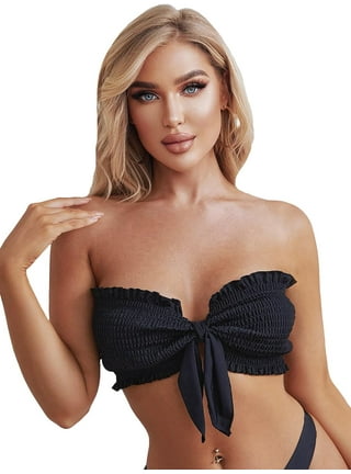 Black smocked bandeau bikini top online