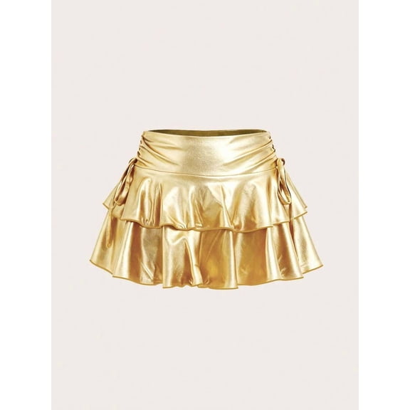 Women's Tie Knot Skirt, Drawstring Double Layer Tiered Mini Skirt, Fitted Cake Skirt Bottoms for Commute and Daily Wear