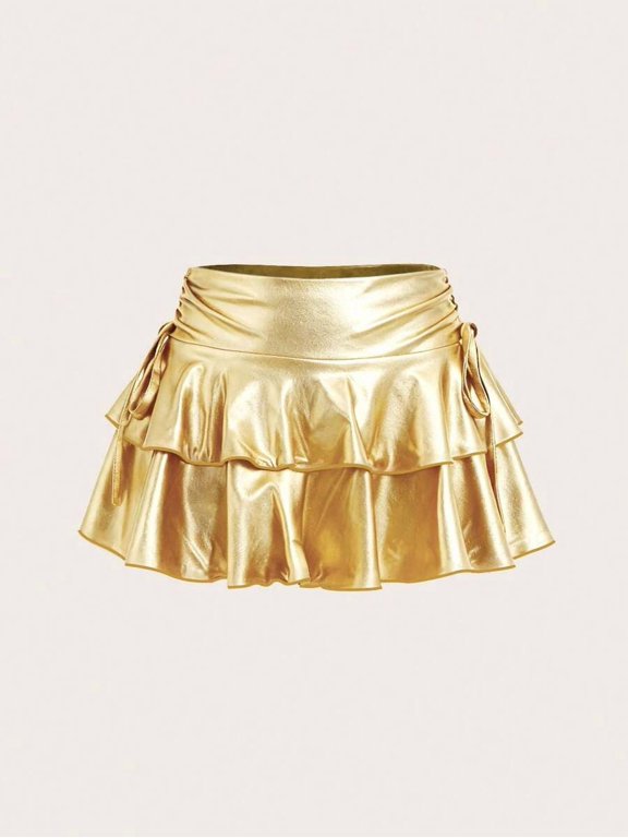 Women's Tie Knot Skirt, Drawstring Double Layer Tiered Mini Skirt, Fitted Cake Skirt Bottoms for Commute and Daily Wear