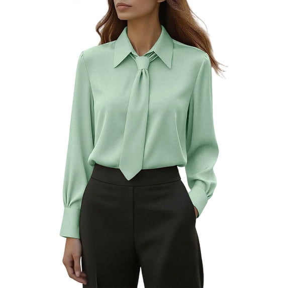 Women's Tie Neck Elegant Blouse Dressy Casual Loose Long Sleeve Lapel Collar Work Top Lightweight Casual Business Outfits Office Shirts Going Out Tops 2026 Spring Fall Clothes