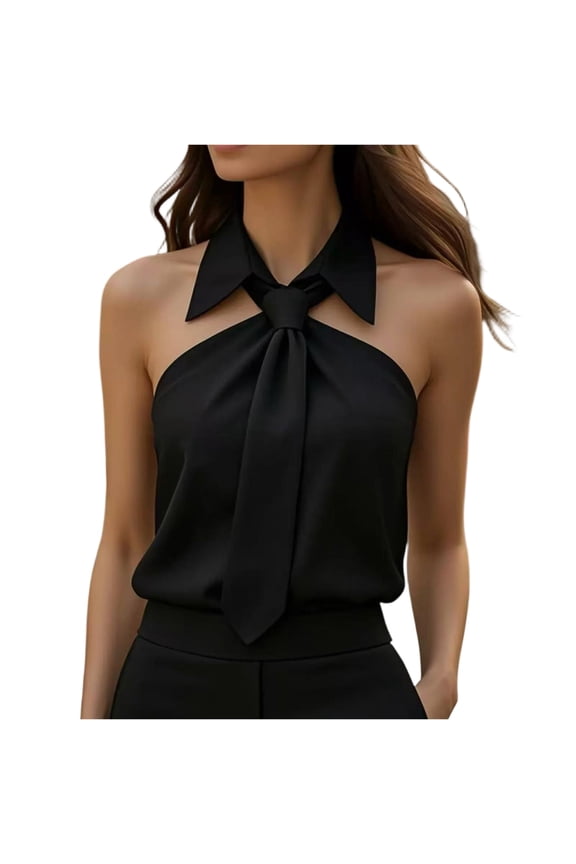 Women's Tie Neck Halter Sleeveless Off Shoulder Blouse Elegant Lapel Collar Work Shirts Dressy Casual Office Business Tops Black M