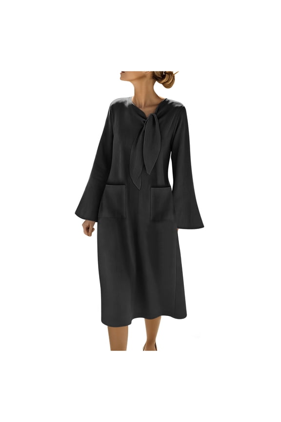 Women's Tie Neck Midi Dress Long Sleeve Loose Fit Casual Dress with Pockets