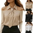 thumbnail image 1 of Women's Tie Neck Off Shoulder Blouse Elegant Long Sleeve Lapel Collar Work Shirts Dressy Casual Office Business Tops Black M, 1 of 8