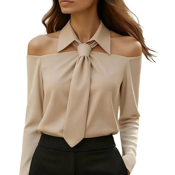 Women's Tie Neck Off The Shoulder Tops Long Sleeve Elegant Blouse Dressy Casual Office Business Shirts Khaki 2XL