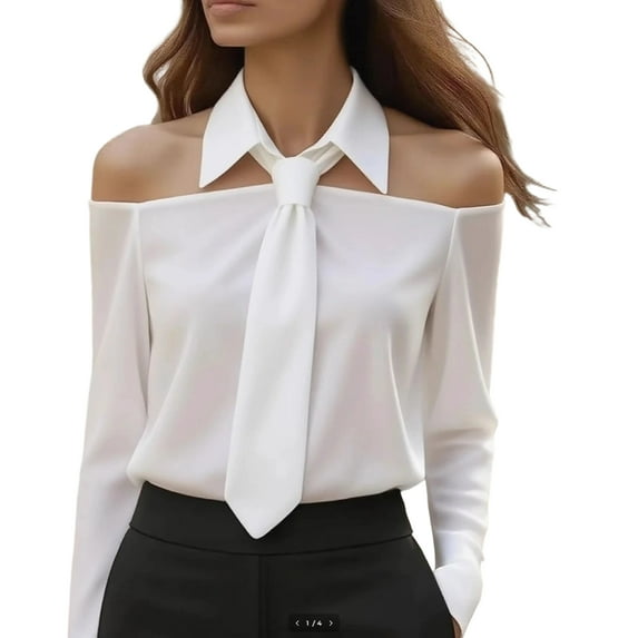 Women's Tie Neck Off The Shoulder Tops Long Sleeve Elegant Blouse Dressy Casual Office Business Shirts White S