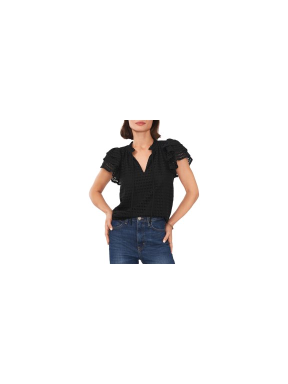 Women's Tie Neck Short Flutter-Sleeve Blouse Rich Black XL
