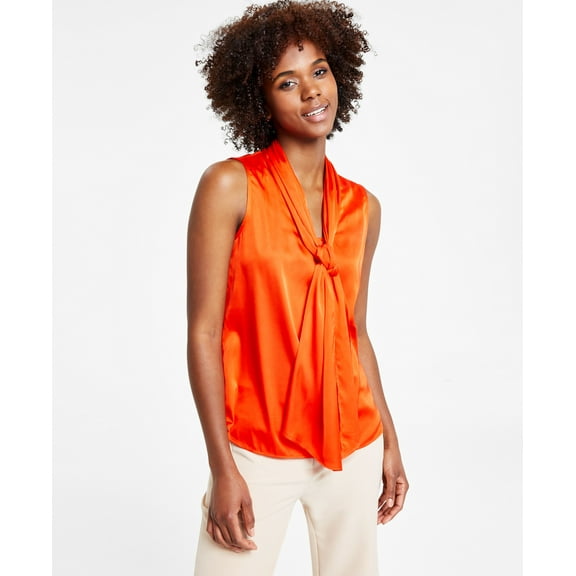 Women's Tie-Neck Sleeveless Satin Blouse Spice Orange S