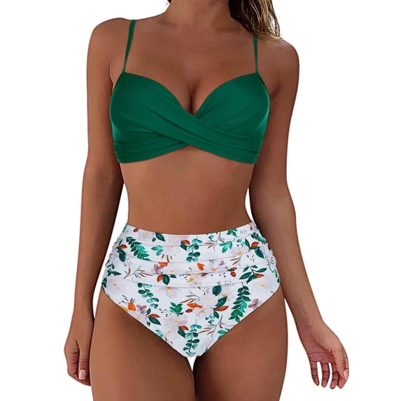Women's Tie Shoulder Bikini Sets 2 Piece Striped Swimsuits High Waisted Bathing Suits Gibobby(L,Mint Green)