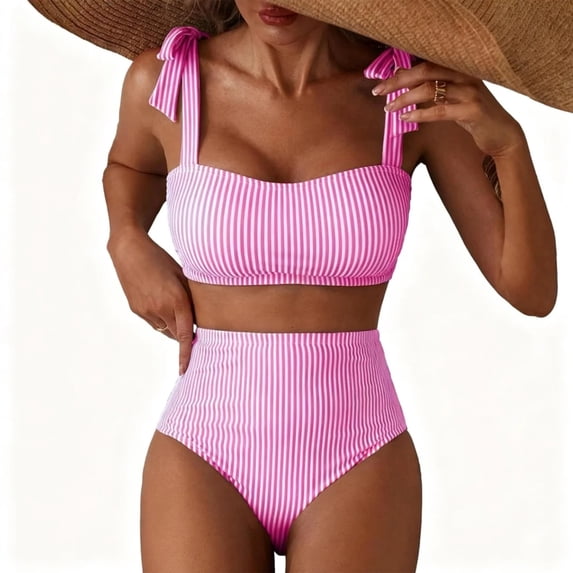 Women's Tie Shoulder Bikini Sets 2 Piece Swimsuits High Waisted Bathing Suits Pink M