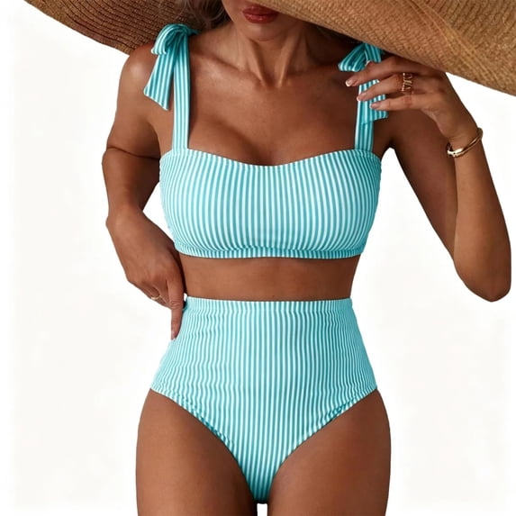Women's Tie Shoulder Bikini Sets 2 Piece Swimsuits High Waisted Bathing Suits Turquoise XL