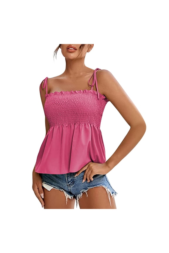 Women's Tie Shoulder Frill Shirred Ruffle Hem Sleeveless Strappy Cami Blouse Peplum Top
