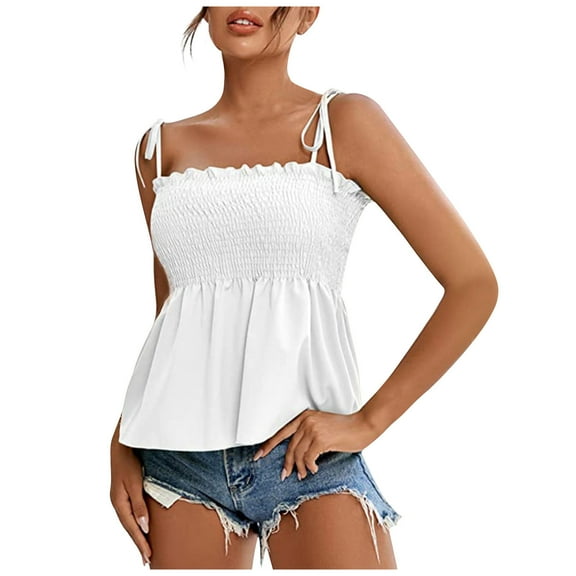 Women's Tie Shoulder Frill Shirred Ruffle Hem Sleeveless Strappy Cami Blouse Peplum Top