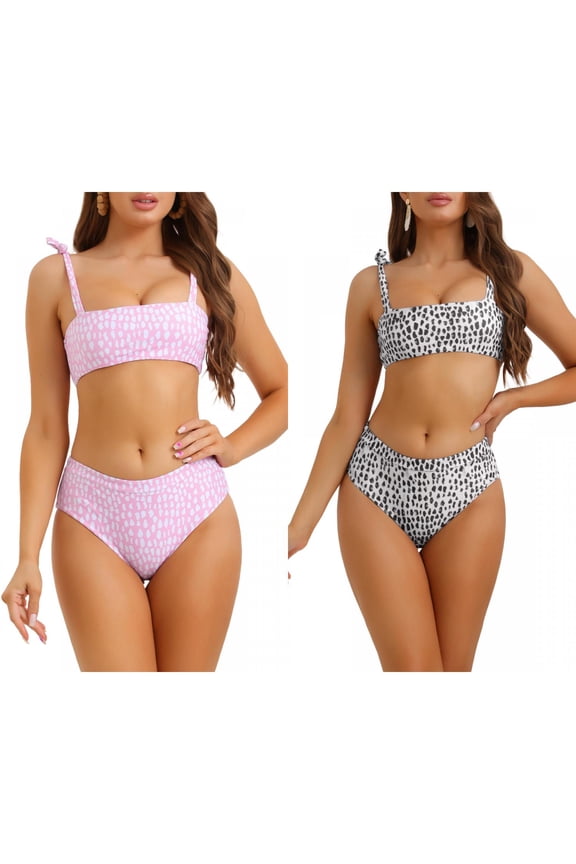 Women's Tie Shoulder Leopard Print Bandeau Bikini Sets, 2 Pieces High Waist Swimwear Bathing Suits Combination Set Large Pink, Black