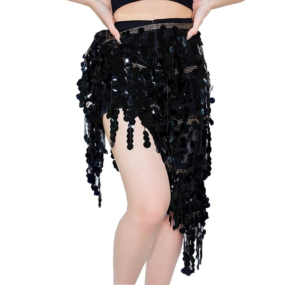 Women's Tie Side Fringed Sequins Skirt for Belly Dance, Sparkly Tassel Hip Scarf Wrap for Rave Festival Disco Party