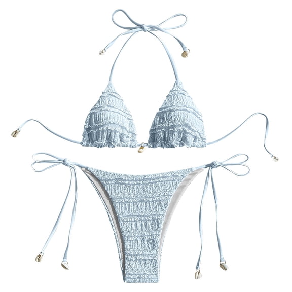 Women's Tie Side Textured Triangle Bikini Set Halter Neck Two Piece Solid Swimsuit with Shell Charms Sexy Cute Wear for Spring Summer Beach Pool
