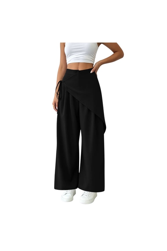 Women's Tie Side Wrap Chic Work Dress Pants, Wide Leg Loose Elegant Business Casual Trousers
