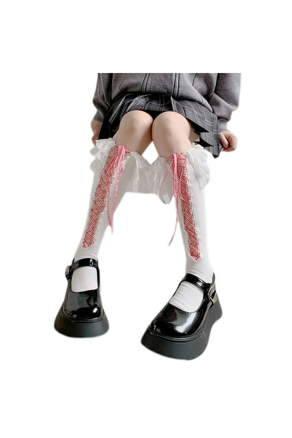 Women's Tie Up Cotton Socks Lace Trim Princess Socks JK Calf Socks Stylish Knee High Socks Student Boot Stockings