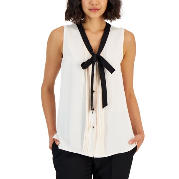 Women's Tie V-Neck Sleeveless Button-Up Blouse Anne Whiteanne Black M