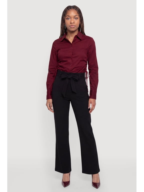 Women's Tie Waist Belted Front Boot Cut Pants