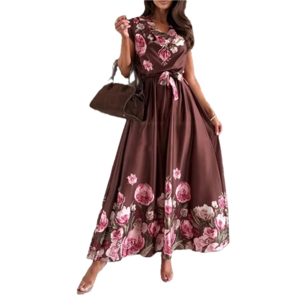 Women's Tie Waist Floral Cap Sleeve Dress 100% Polyester Lightweight Comfortable Everyday Wear for Spring Summer