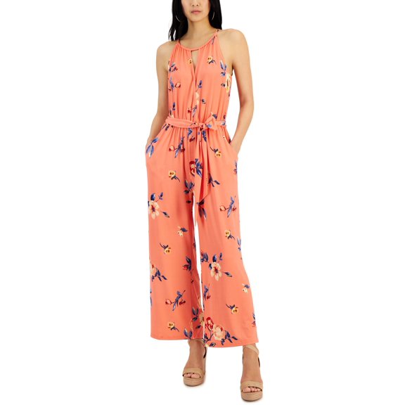 Women's Tie-Waist Halter Jumpsuit Peach Floral M