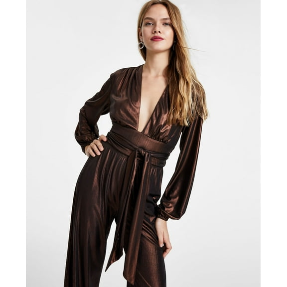 Women's Tie-Waist Long-Sleeve V-Neck Top Copper S