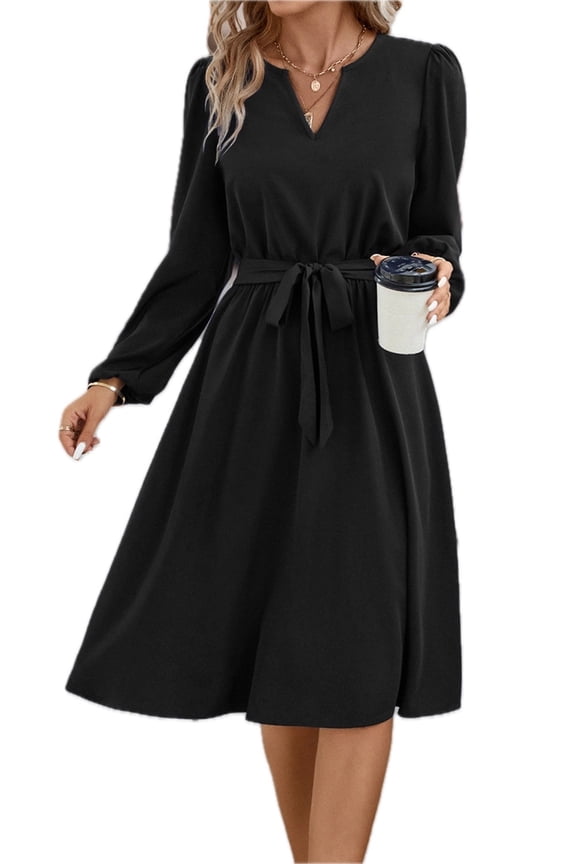 Women's Tie Waist Notched Neck Long Sleeve Dress Elegant Made Ninety Five Percent Polyester And Five Percent Elastane