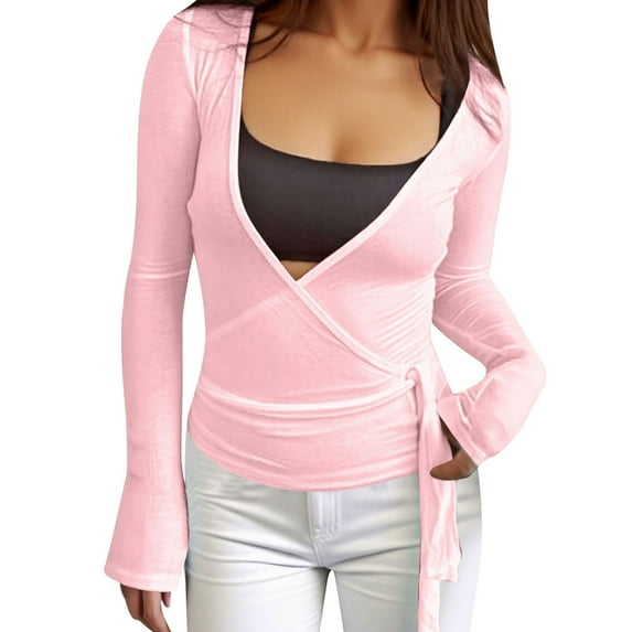 Women's Tie Wrap Top - Long Sleeve, Deep V-Neck, Slim Fit, for Yoga, Dance, and Daily Wear, Available Sizes
