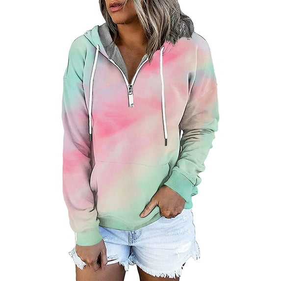Women's Tie-dye Prints Hoodies and Sweatshirts Long Sleeve Casual Zipper Pullover Clothes with Pocket